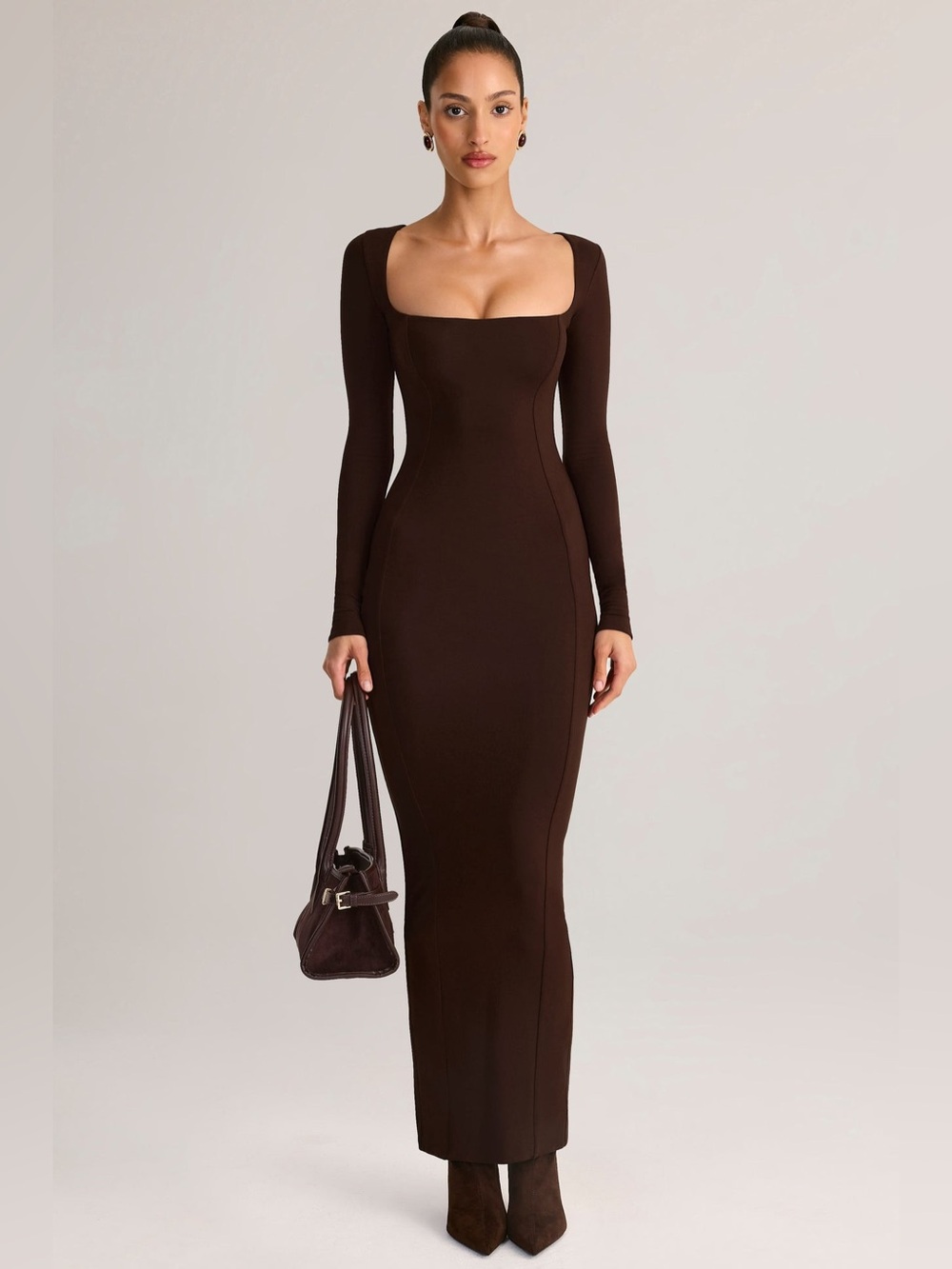 OH POLLY SMALL NWT Modal Square-Neck Bodycon Maxi Dress in Chocolate Brown